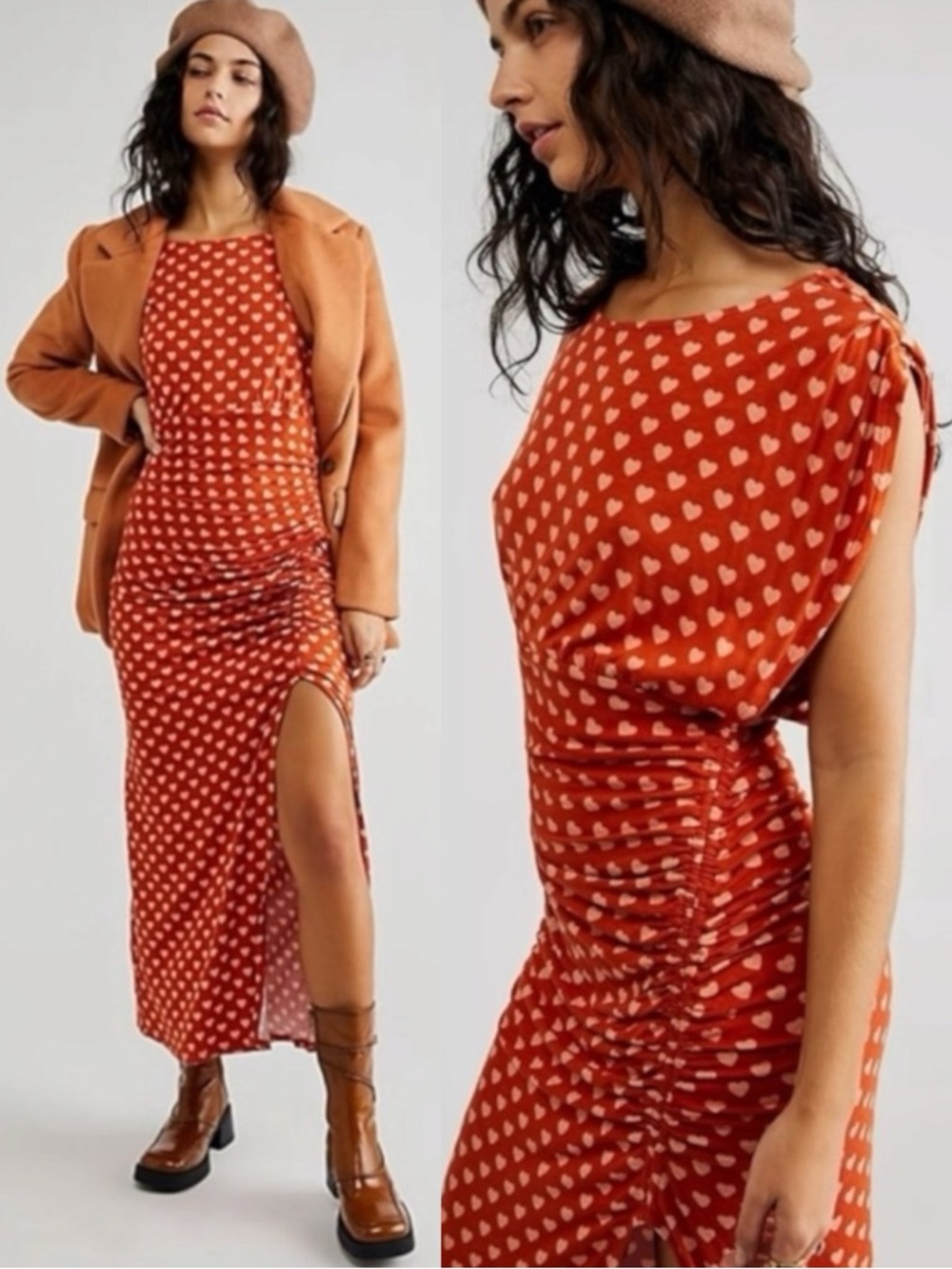 Free People Lakeside Heart Printed Midi Maxi Dress Small Ginger Rust Brown Fall